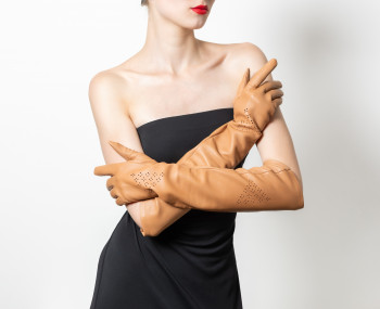 Women's Perforated Nude Leather Gloves