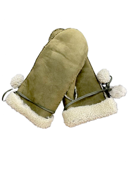 Women's leather mittens courly baby lambskin Olive 7-8