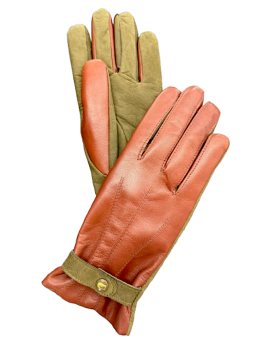  Women's RASA Cognac Olive Fur Gloves, Size 7.5