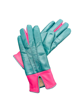 Women's leather gloves, size 6.5, turquoise/pink