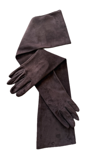  Women's long dark brown leather gloves, size 7.5
