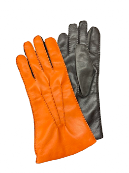  Women's hand-stitched leather gloves, black/gold, size 7.5