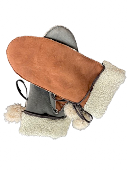 Women's leather mittens curly fur  Brown/Grey 7-8